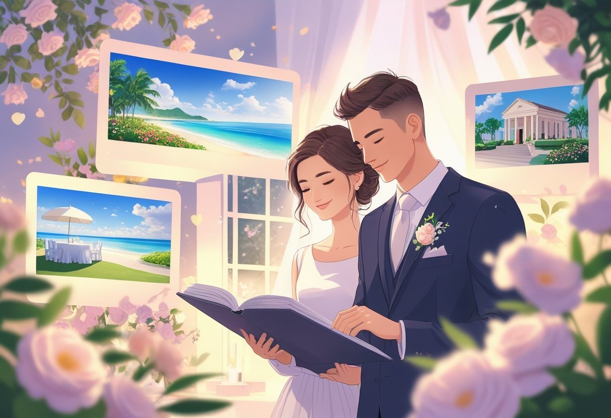 Um casal explorando diferentes locais para casar, olhando um livro com imagens de praias, jardins, igrejas e salões de festa, cercados por decorações e flores.