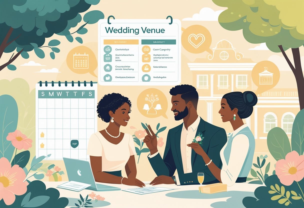 Casal conversando com uma planejadora de casamento em um ambiente agradável, com elementos que representam critérios para escolher o local ideal para casar.