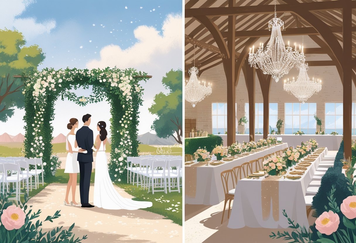 Casal explorando diferentes locais de casamento, incluindo jardim decorado, salão elegante, praia e celeiro rústico, com um planejador de casamento mostrando opções.