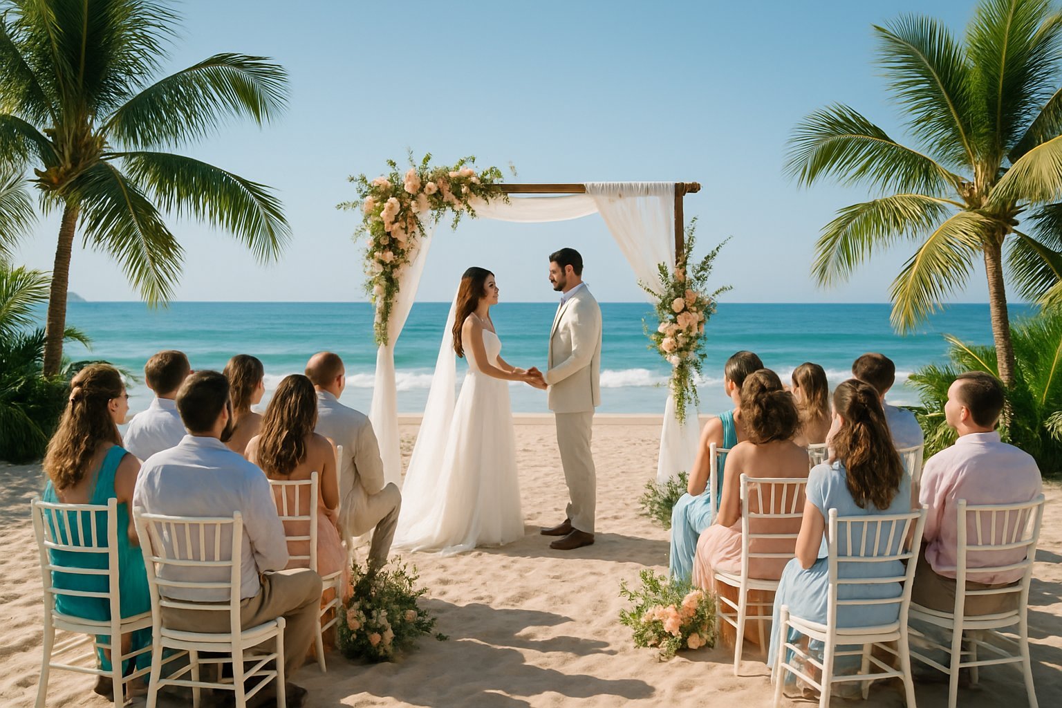 Casamento na praia com noivos e convidados à beira-mar em São Paulo.