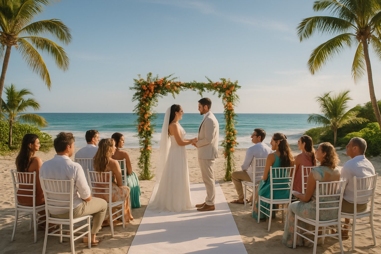 Casamento ao ar livre na praia com casal na cerimônia, convidados sentados e o mar ao fundo.