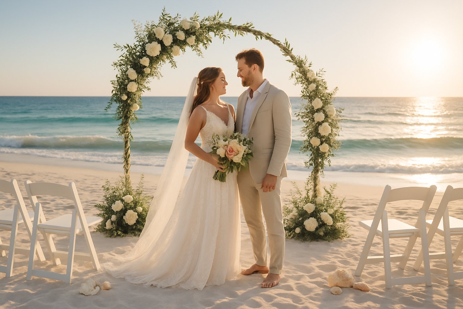 Noivos em um casamento na praia, com areia branca, mar ao fundo e decoração simples de casamento à beira-mar.