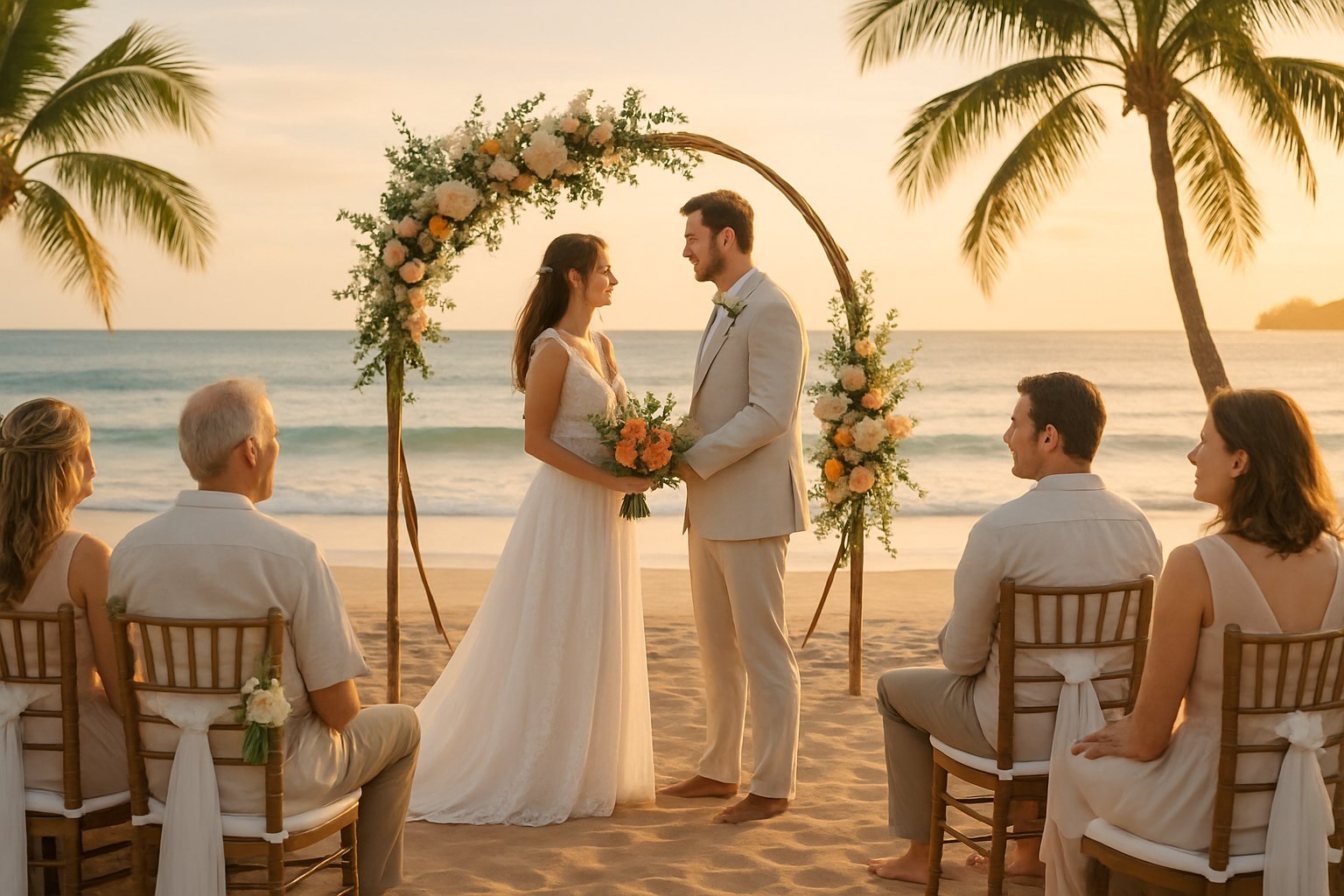 Casal feliz trocando votos em uma praia com ondas suaves, rodeados por cadeiras decoradas e palmeiras ao fundo.