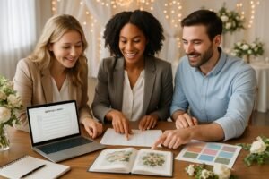 Pessoas organizando um casamento em uma sala com materiais de planejamento sobre a mesa e decoração de casamento ao fundo.