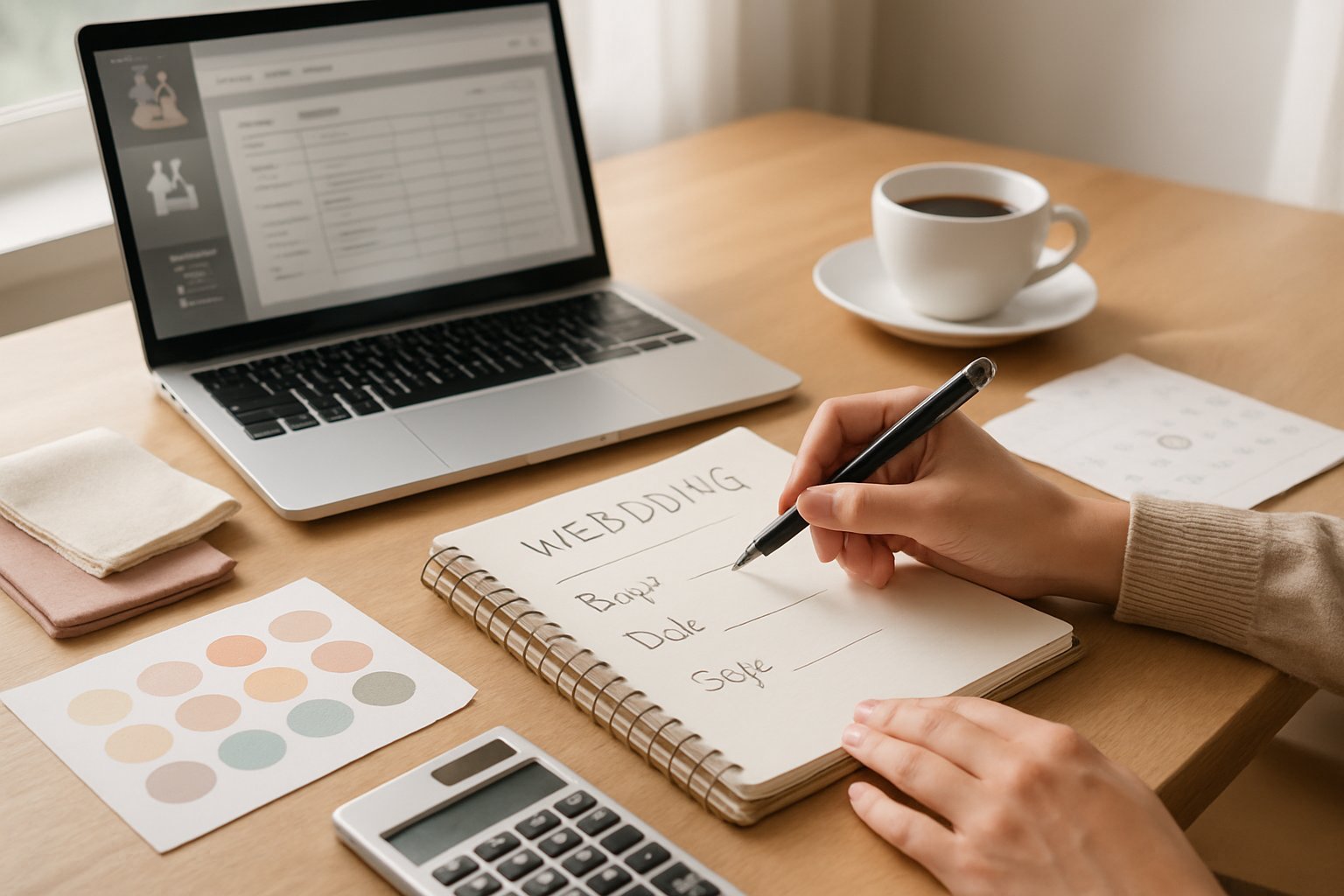Pessoa organizando planejamento inicial de casamento com caderno, amostras de tecido, paleta de cores, calendário e laptop em uma mesa iluminada.