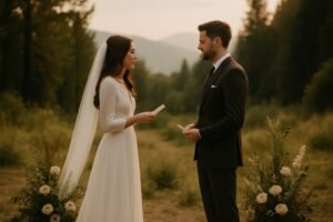 Casal trocando votos em um casamento íntimo ao ar livre, cercado por natureza e decoração simples.