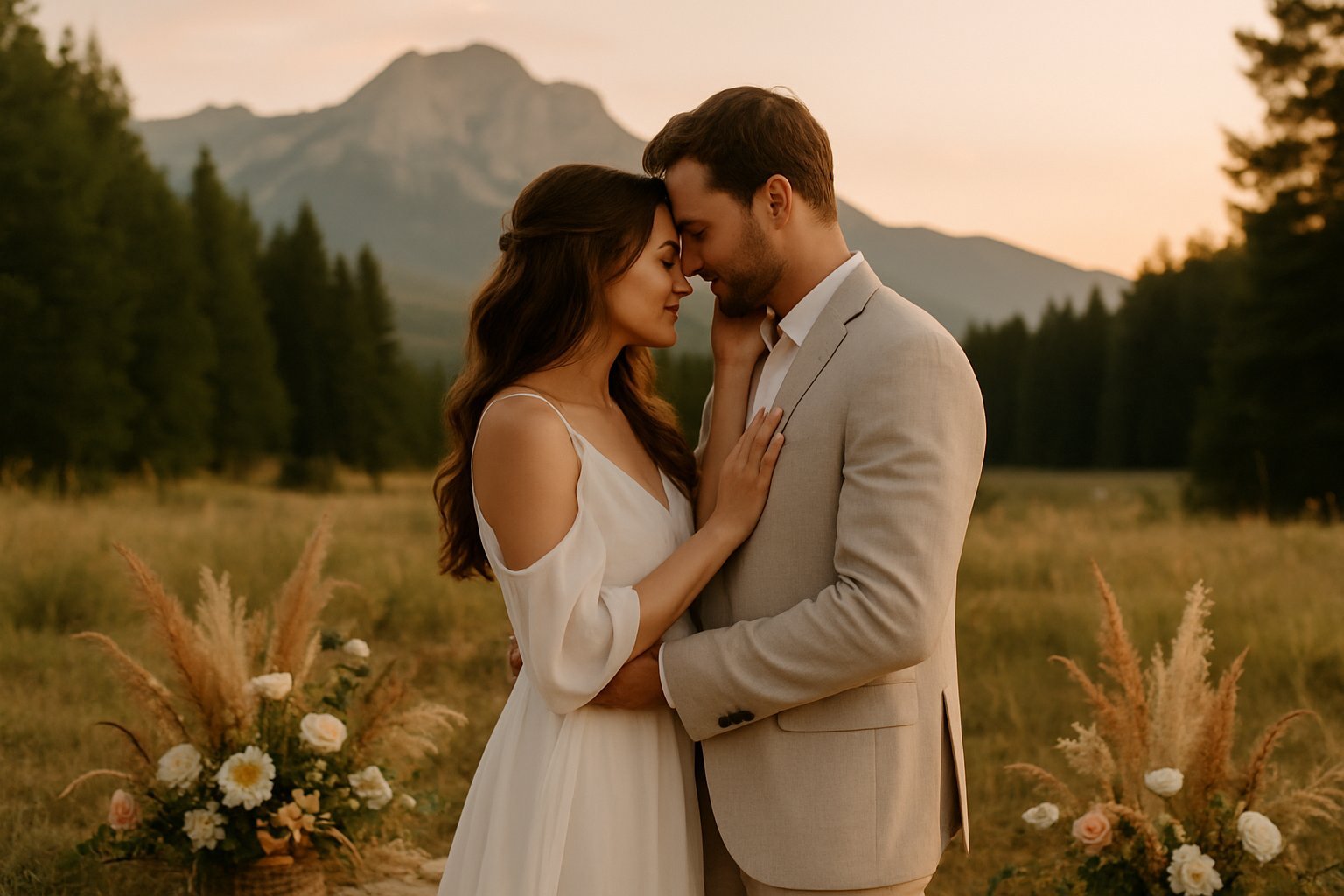Casal trocando votos em um casamento íntimo ao ar livre, em um cenário natural com montanhas ao fundo.