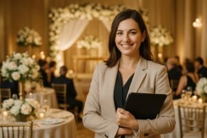 Mulher coordenadora de casamento sorrindo em um local decorado para cerimônia, com mesas e flores ao fundo.