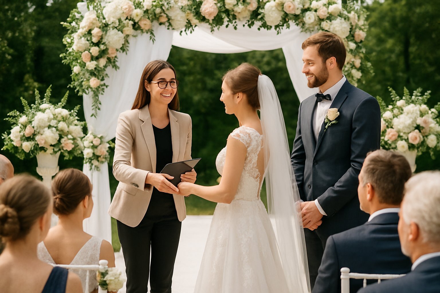 Cerimonialista de casamento organizando e coordenando a cerimônia com noivos e convidados em um ambiente decorado para casamento.