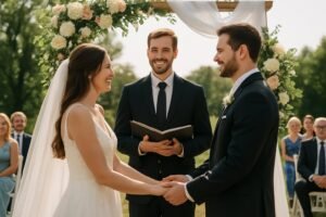 Oficiante de casamento conduzindo uma cerimônia ao ar livre com noivos de mãos dadas e convidados assistindo.