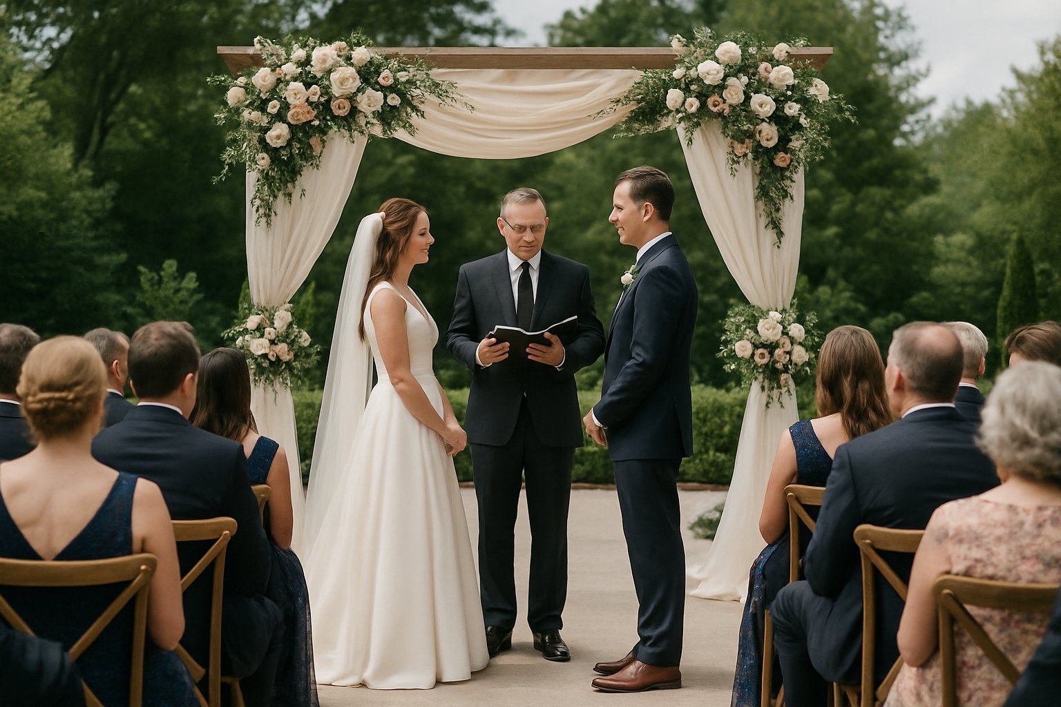 Cerimônia de casamento tradicional ao ar livre com noivos, oficiante e convidados sentados, todos em trajes formais.