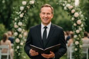 Celebrante de casamento sorrindo durante cerimônia ao ar livre em jardim decorado com flores e convidados ao fundo.