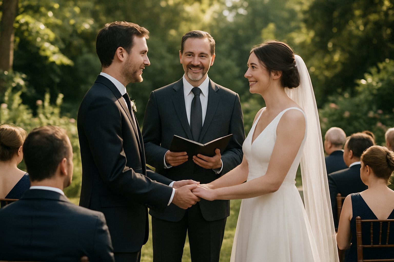 Celebrante de casamento conduzindo cerimônia ao ar livre com noivos de mãos dadas e convidados assistindo.