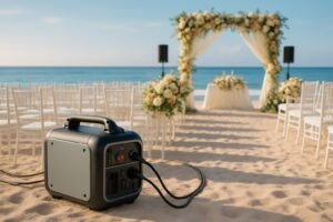 mini central elétrica na praia, fornecendo energia elétrica para o casamento