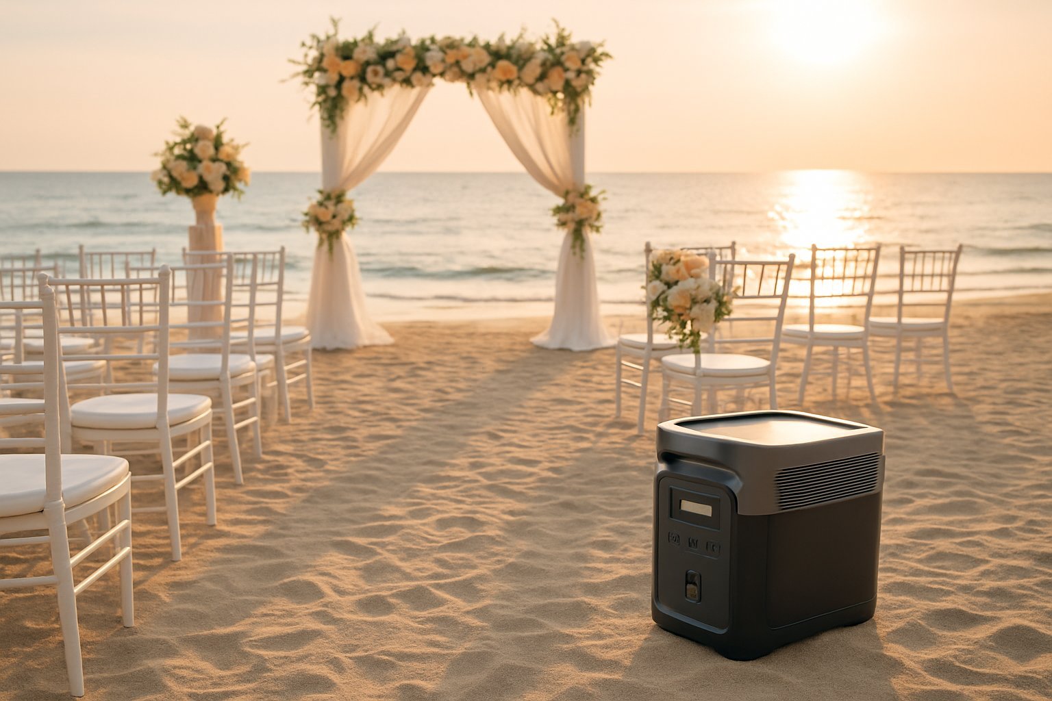 Gerador portátil próximo a uma decoração de casamento na praia com cadeiras brancas, flores e arco decorativo, com o mar ao fundo.