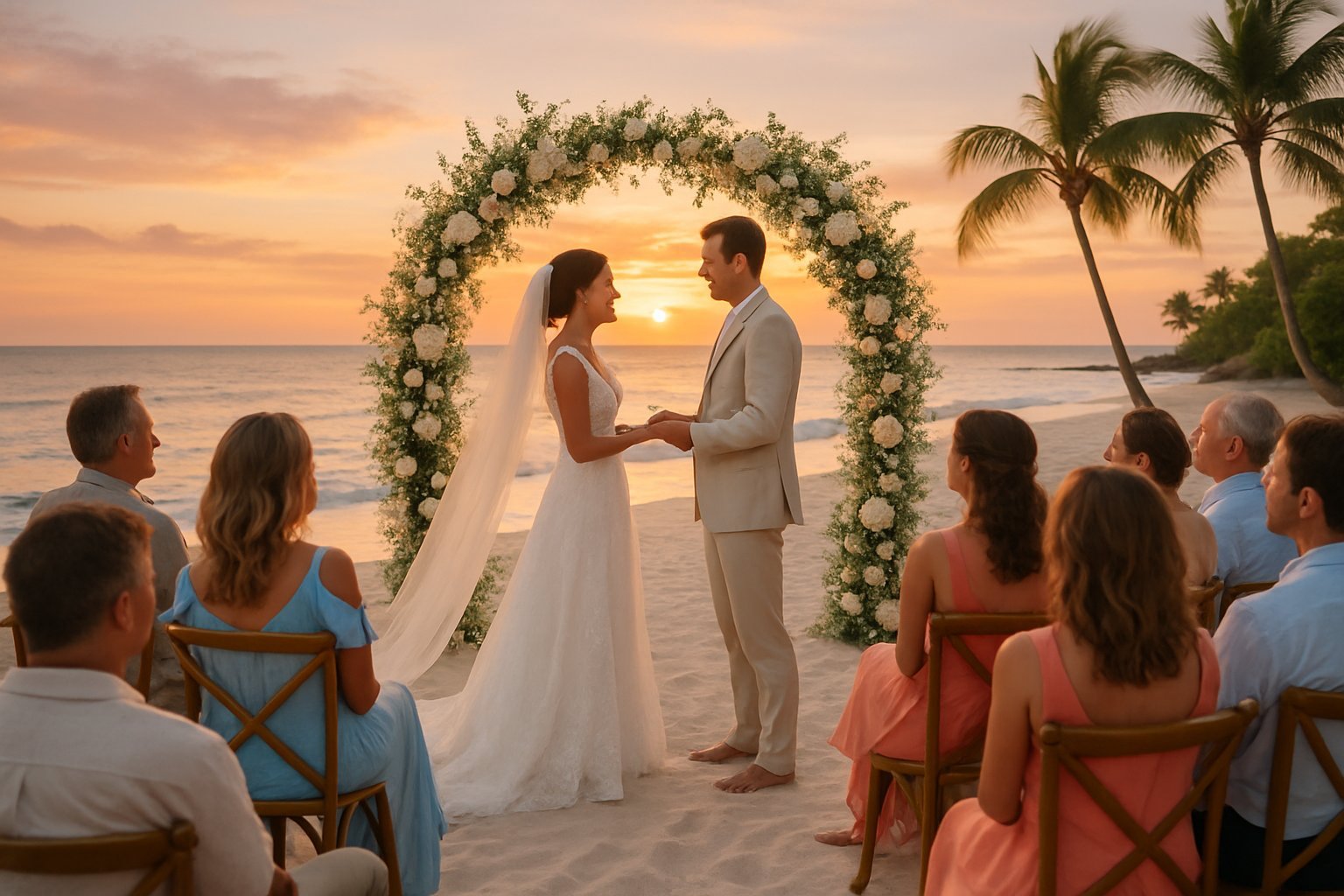 Noivos trocando votos em um casamento na praia ao pôr do sol, com convidados sentados na areia e o mar ao fundo.