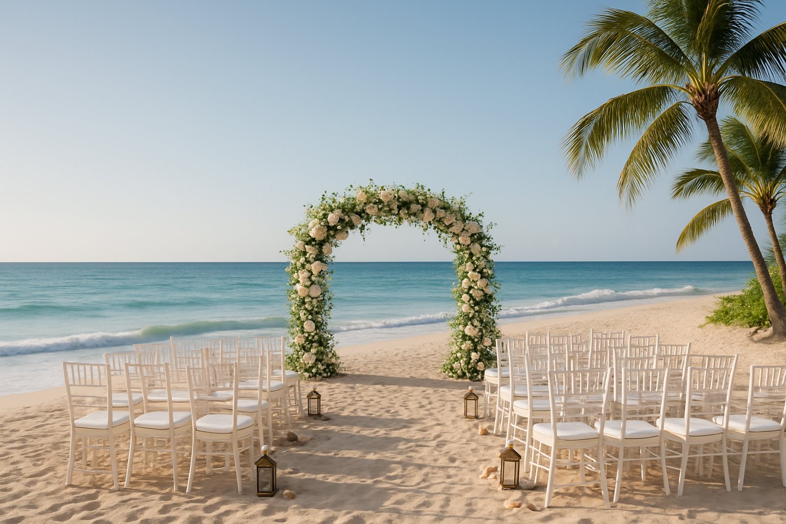 Praia tranquila com uma decoração de casamento com cadeiras brancas e um arco floral, com o mar ao fundo.