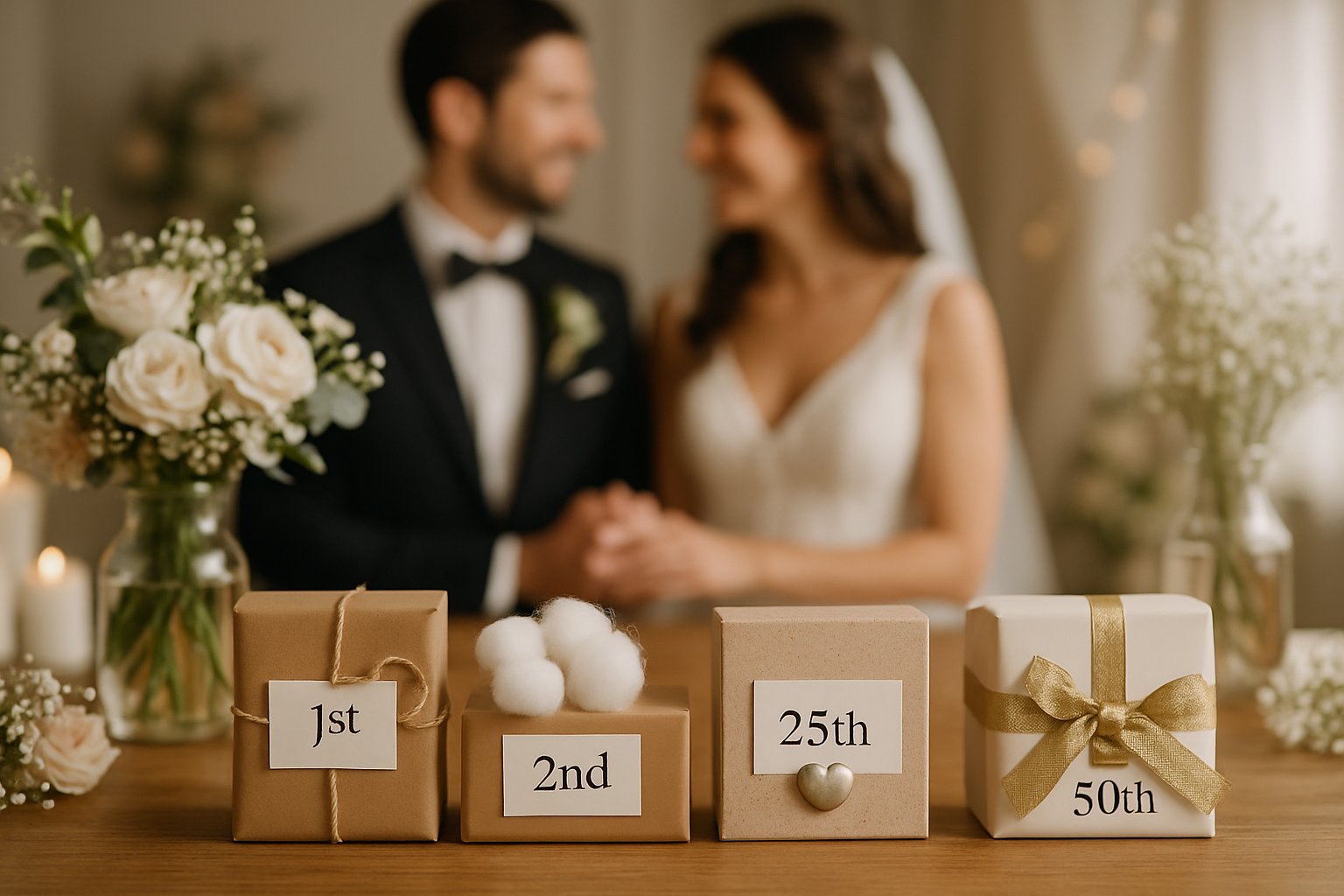 Mesa com caixas decoradas representando diferentes anos de bodas de casamento, com um casal ao fundo sorrindo e segurando as mãos.