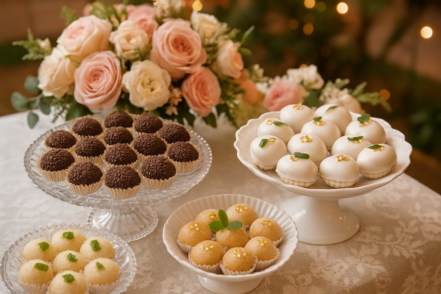 Mesa decorada com doces para casamento, incluindo brigadeiros e beijinhos, com flores e toalha branca.