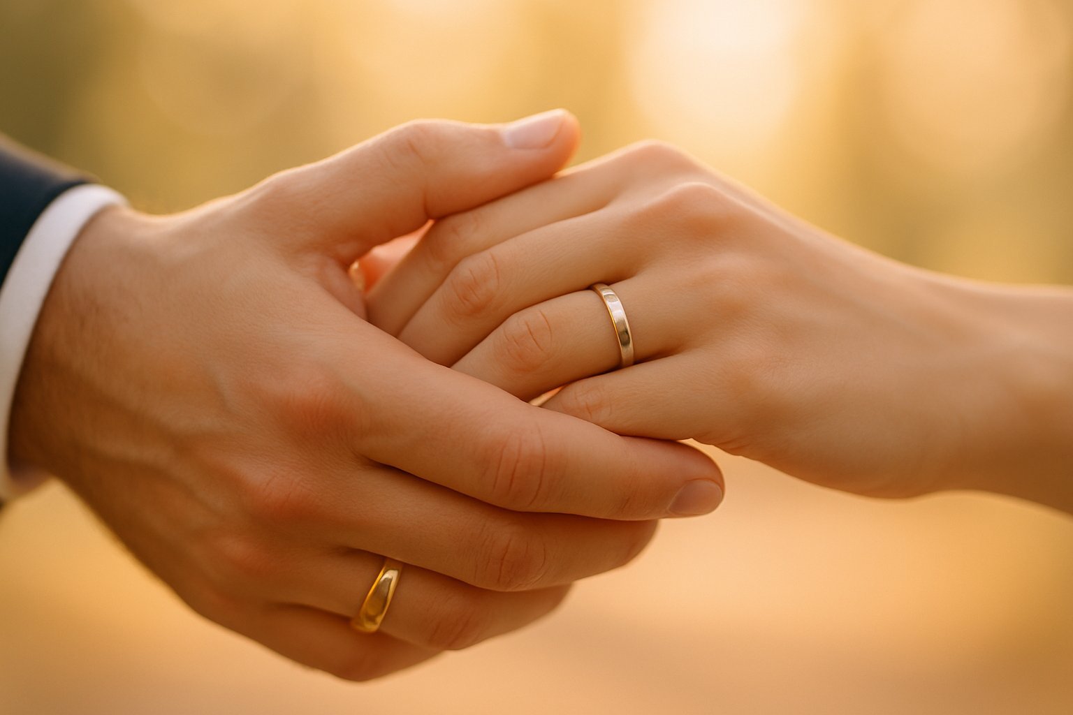 Duas mãos entrelaçadas usando alianças de casamento, simbolizando união e compromisso.