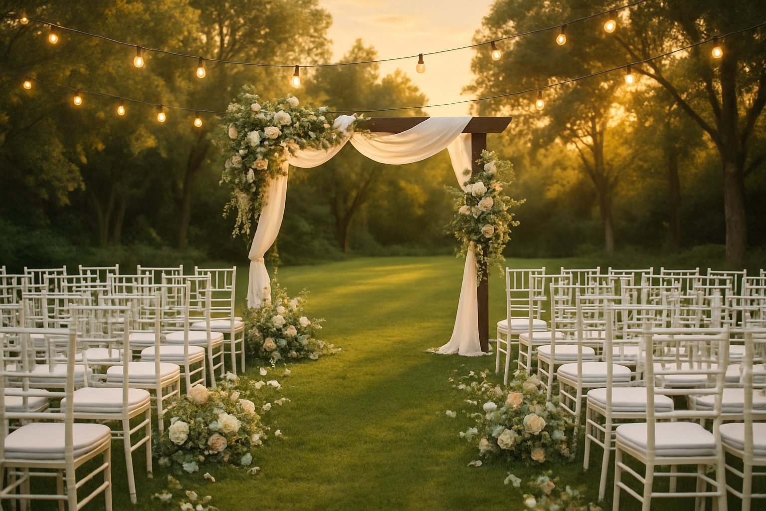 Local de casamento ao ar livre com cadeiras brancas, arco decorado com flores e folhagens, em um jardim ensolarado.