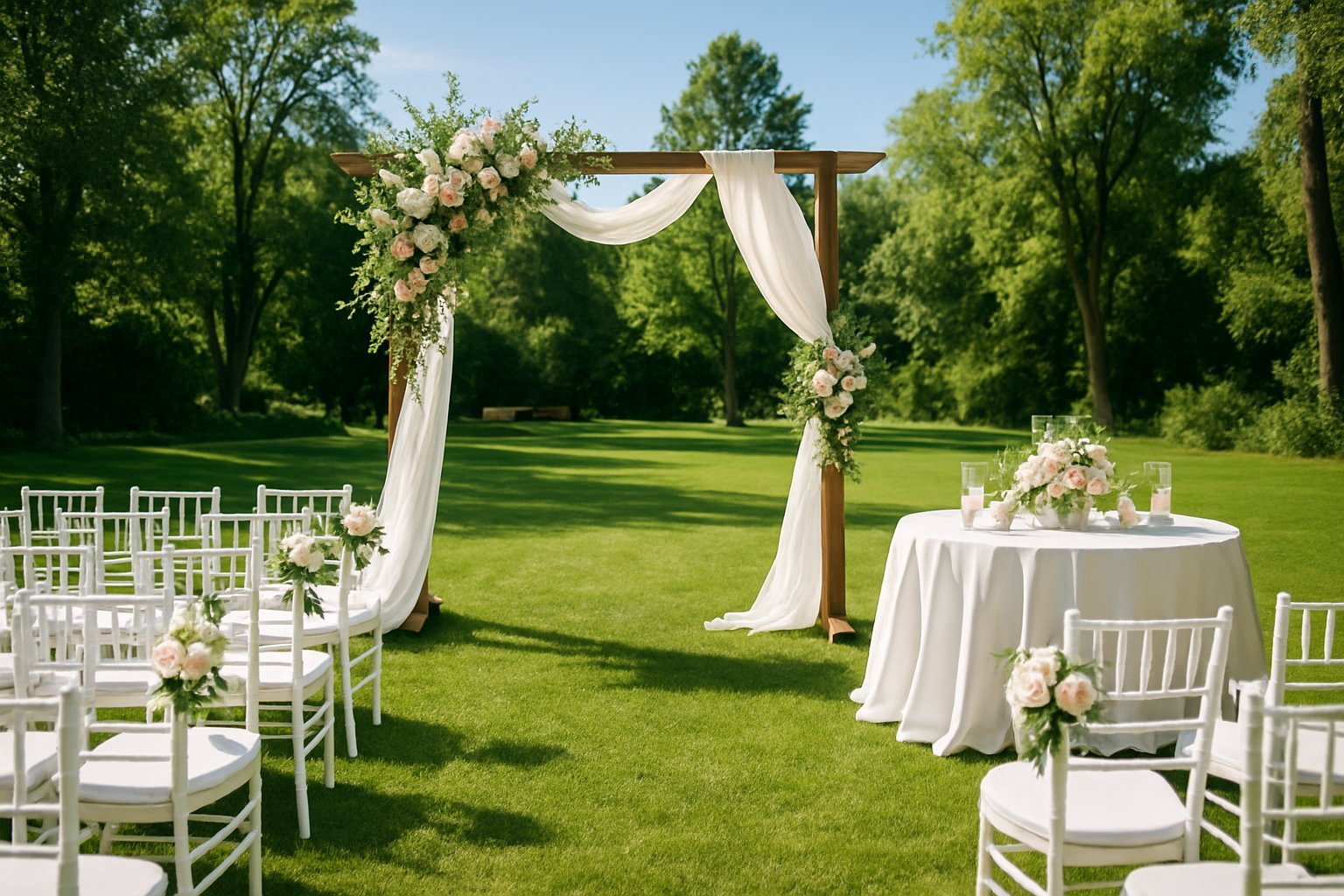 Decoração de casamento ao ar livre com cadeiras brancas, arco de madeira com flores e mesas decoradas em um jardim verde.