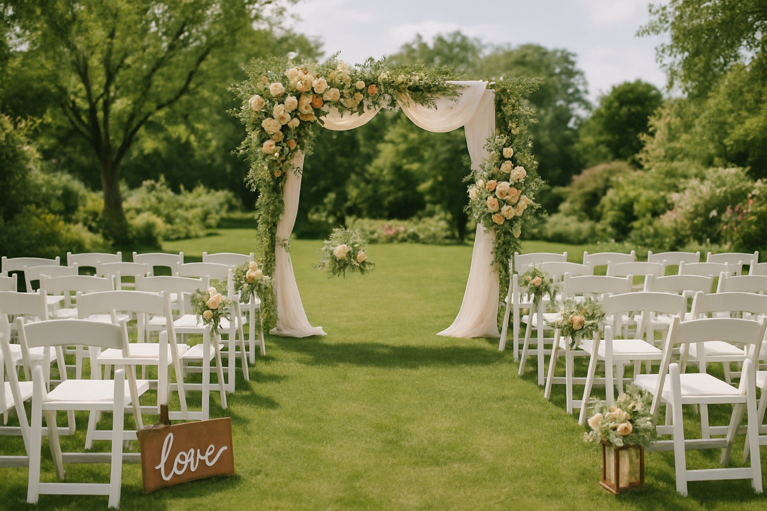 Área externa decorada para casamento com cadeiras alinhadas e um altar florido em um jardim.
