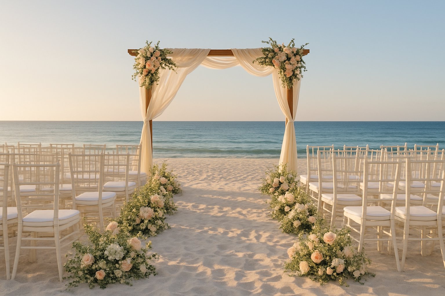 Decoração de casamento ao ar livre na praia com flores, cadeiras brancas e arco decorado, com o mar ao fundo.
