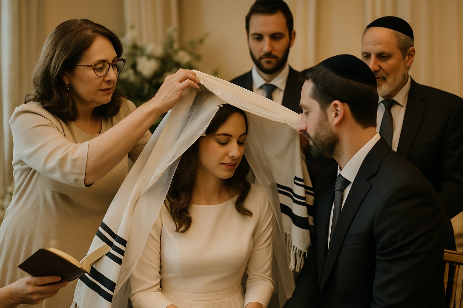 Casal judeu em ritual pré-cerimonial de casamento, rodeado por familiares em ambiente acolhedor.