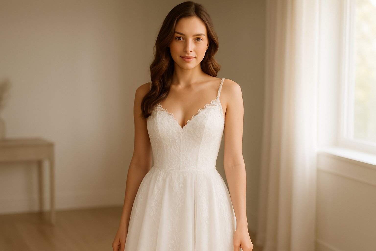 Mulher vestindo um vestido branco de noivado, em um ambiente claro e minimalista.