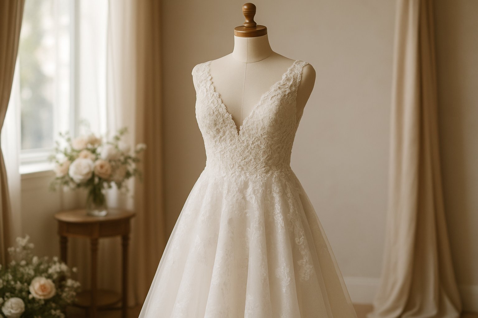 Vestido de noivado branco exibido em manequim em uma boutique de noivas com flores ao redor.