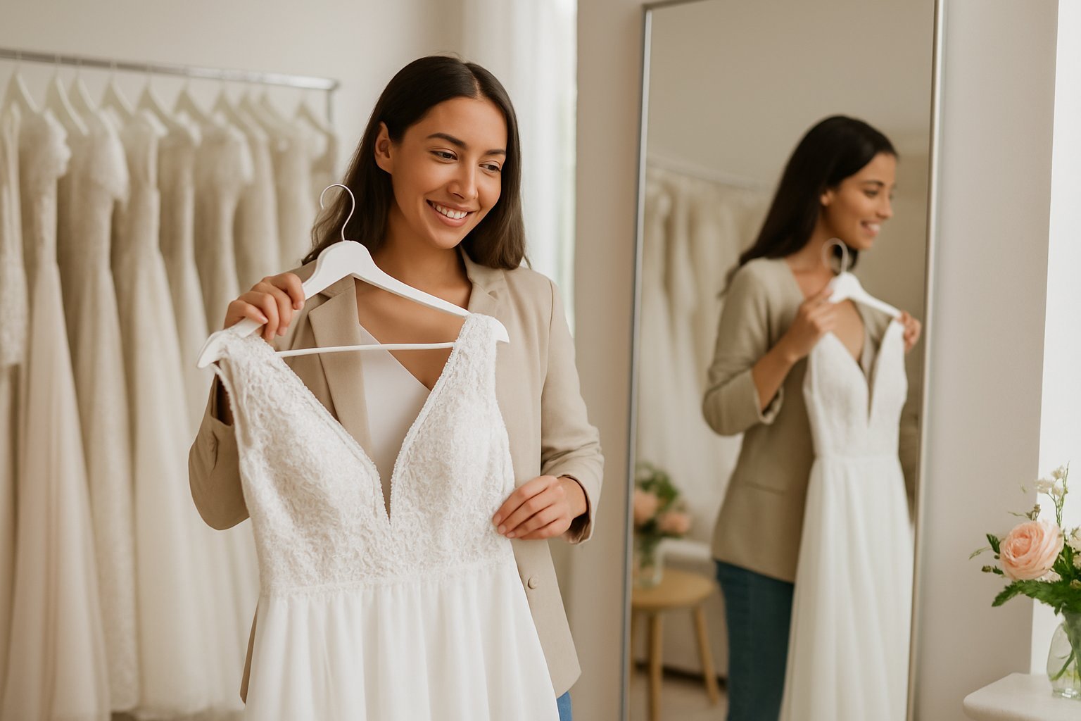 Mulher jovem em uma boutique de vestidos, segurando um vestido de noivado branco e sorrindo diante de um espelho.