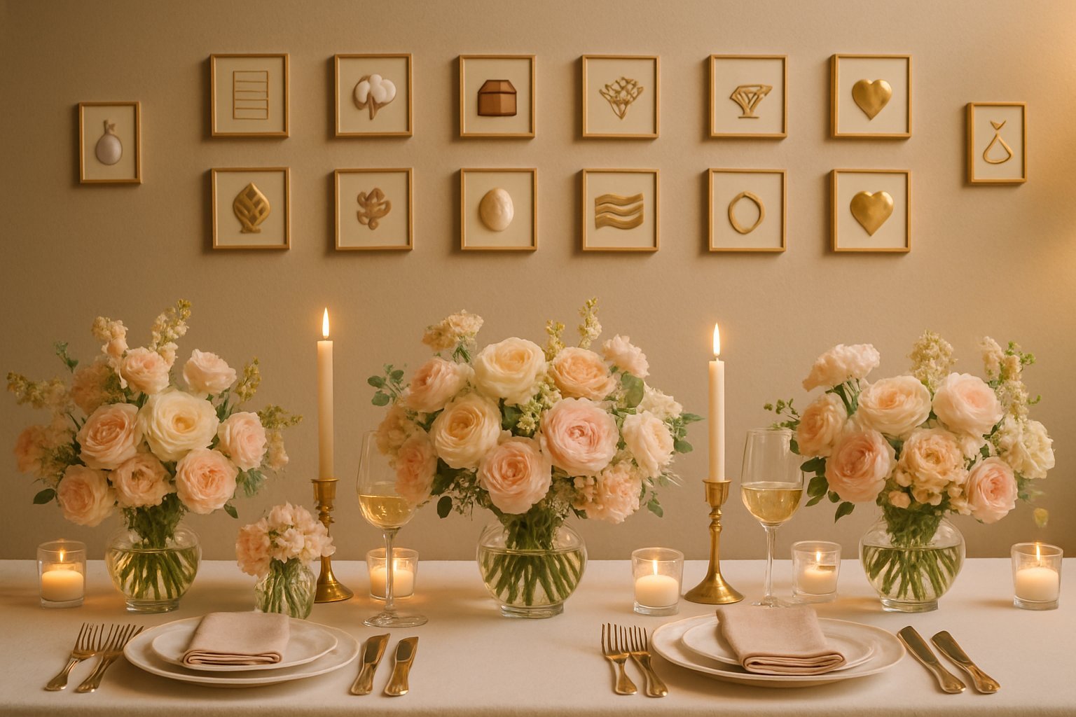 Mesa decorada para celebração de bodas de casamento com flores, velas e símbolos representando diferentes aniversários de casamento.