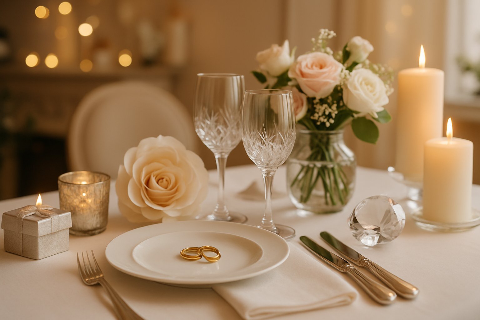 Mesa decorada para comemoração de bodas de casamento com itens simbólicos representando diferentes aniversários, como anéis, flores e velas, em ambiente aconchegante.